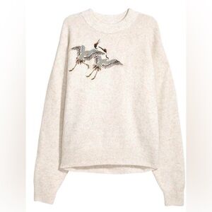 H&M Embroidered Crane Cream Sweater - Small